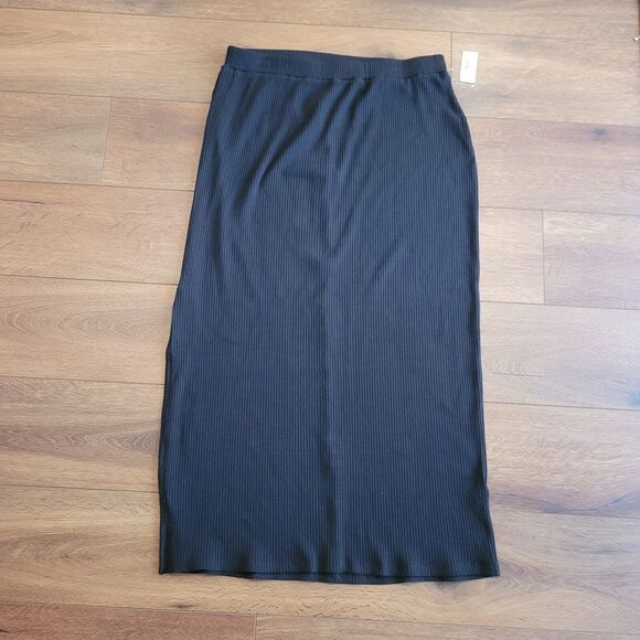 Old Navy Rib Knit Midi Skirt Large Black Fitted Pencil Side Slit Pull On NEW TAG - Picture 2 of 14